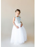 Silver Sequin White Tulle Cross Back Floor Length Flower Girl Dress
